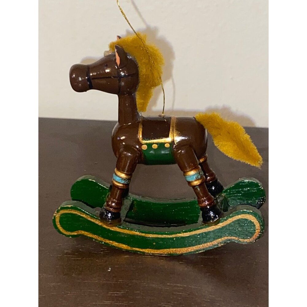 Vintage Russ Wooden Rocking Horse Miniature Ornament With Yellow Mane & Tail